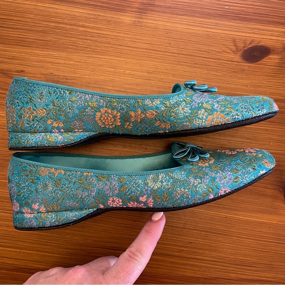 Vintage Daniel Green Teal Floral Brocade Comfy House Slippers - Size 6.5 / 7 - Picture 2 of 10
